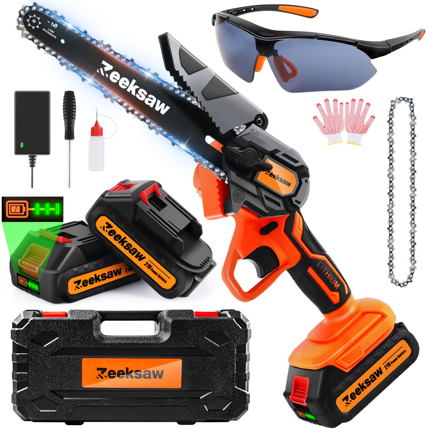 

Zeeksaw 6-inch Cordless Mini Chainsaw, Compact Electric Handheld Saw With Lithium Battery & Charger, 21v Max* Power, Includes Safety Gear - Ideal For Wood Cutting, Garden & Yard Efficiency