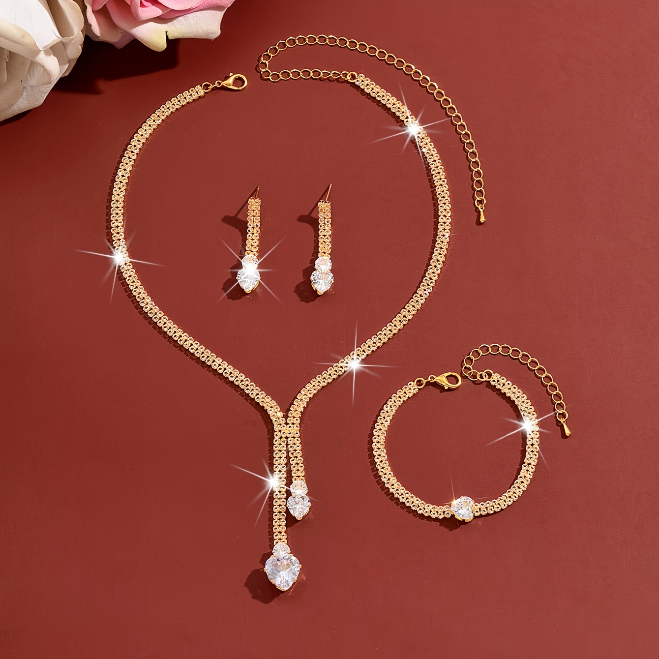 Y-Shaped Heart Drop Necklace, Earrings & Bracelet Set, Elegant Accessories