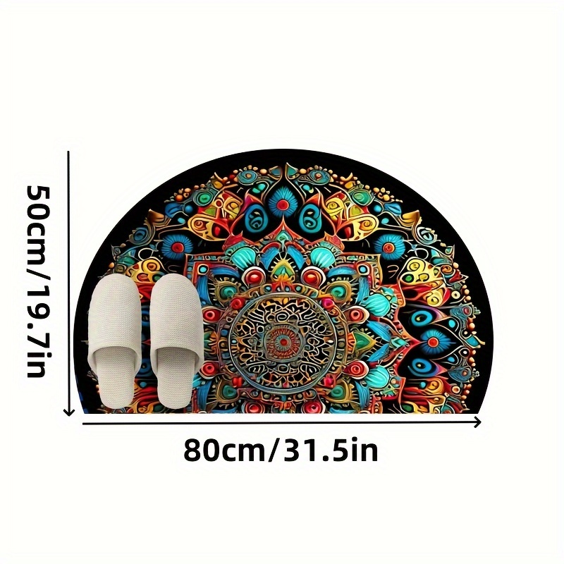 Bohemian Mandala - Non-slip Thick Soft Semi-circle Mat Suitable For Outdoor/ Use, Floral Mandala Design, Hand Washable Easy Clean, Decor For Patio, Bedroom, Living Room - Ideal Gift Idea
