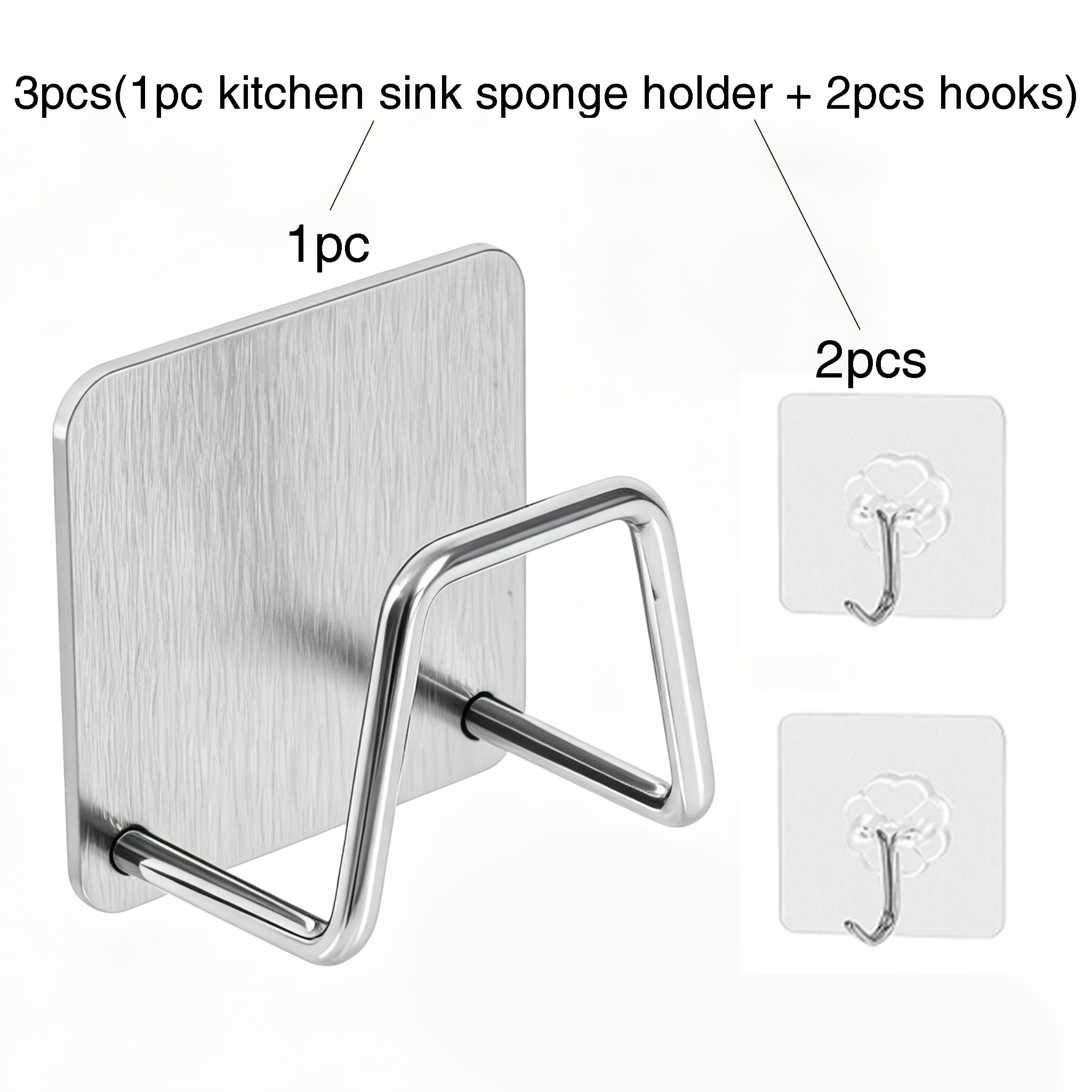 TEMU 3pcs Set ( Sink Sponge Holder   2 Drying Adhesive Hooks), 304 Stainless Steel Material, No-drill Installation, Rustproof And Waterproof, Quick
