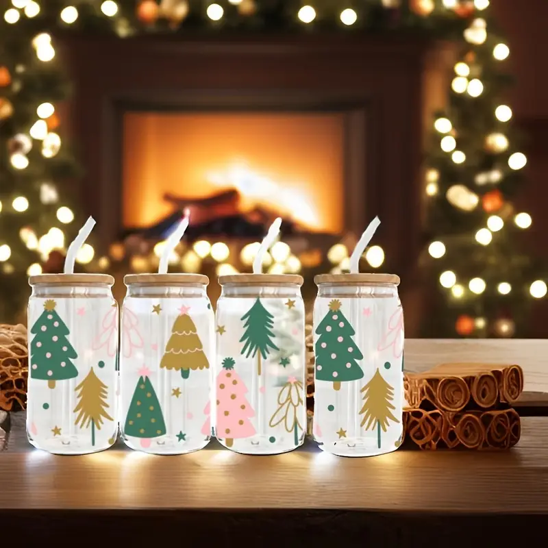 4pcs 550ml christmas tree glass with lid and straw home office cup tea beer milk cup Product details 0