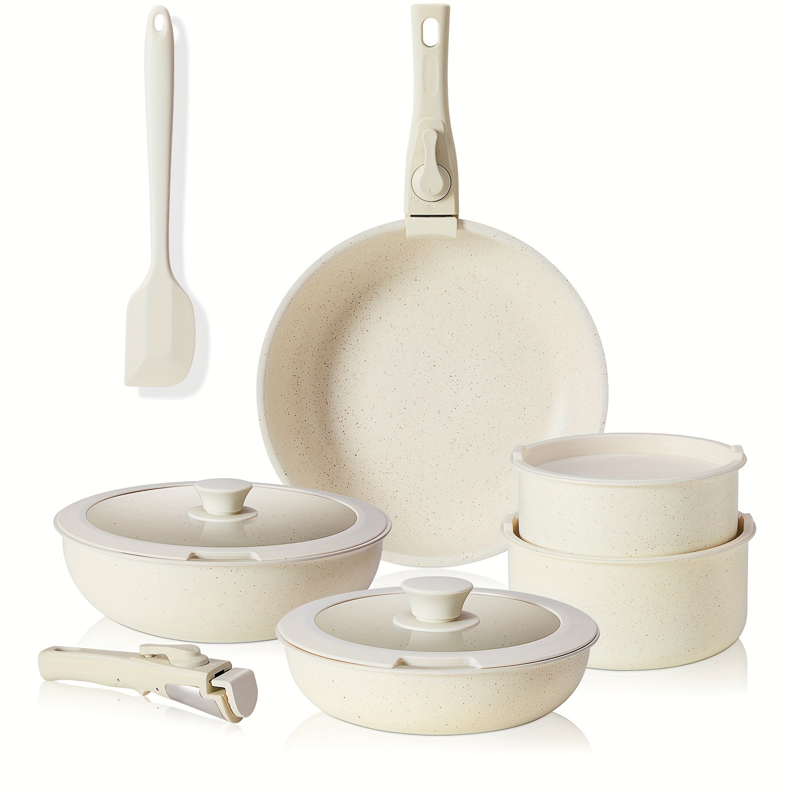 

12 Pcs Pots And Pans Set Nonstick - Kitchen Cookware Set With Detachable Handle, Induction Cookware, Dishwasher Oven Safe, Beige