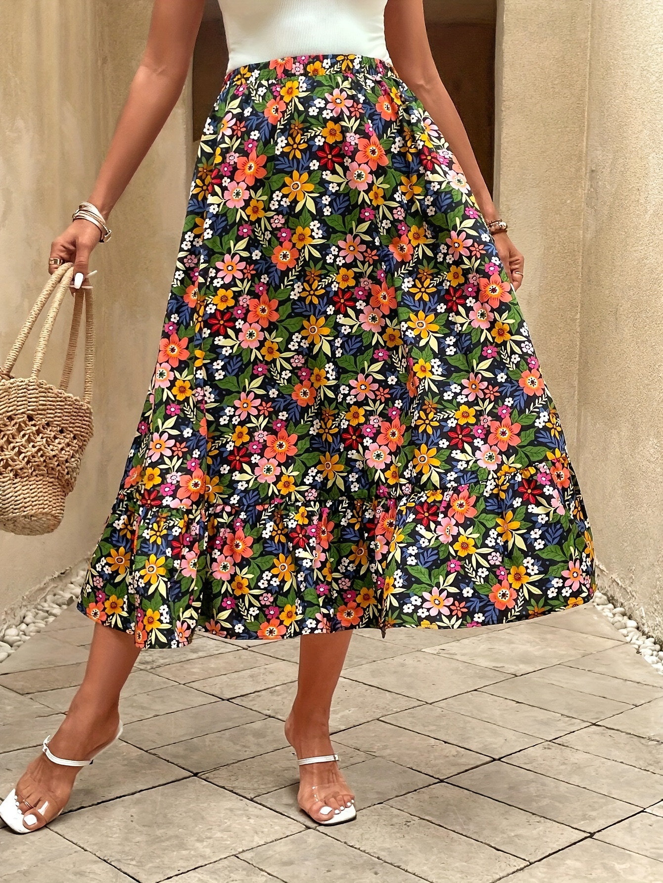 Floral Print Waist Skirt Elegant Tiered Midi Skirt Temu United Kingdom