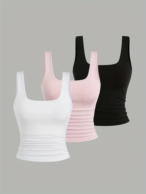 dreiteiliges tanktop-set in unifarben, lässige sommeroberteile für damen, damenbekleidung