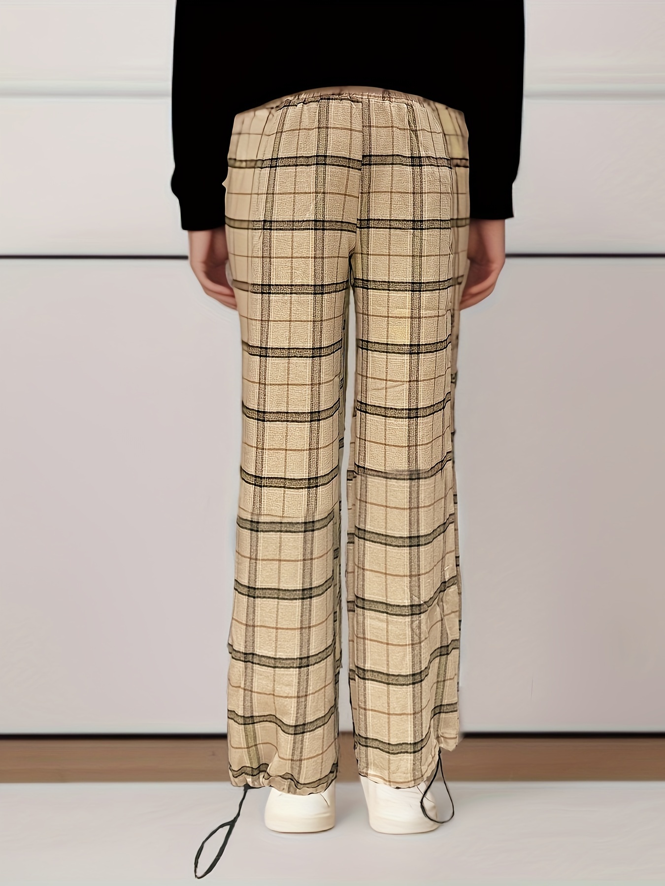 Plaid Print Wide Leg Pants, Casual Elastic Waist Pants With Pocket, Women's  Clothing