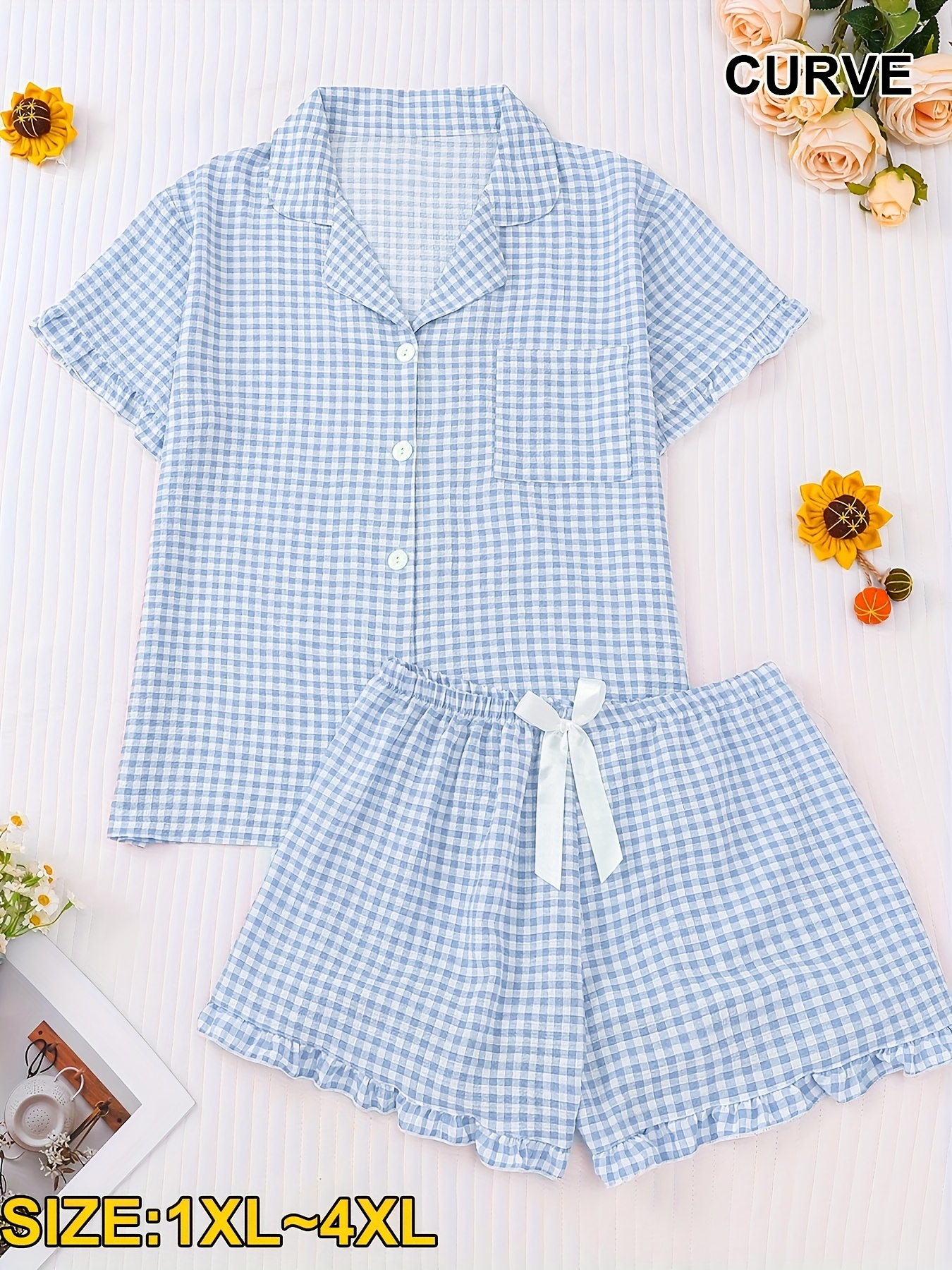 Women'S Plus Size Summer Pajama Set with Ruffle Trim, Short Sleeve  Button-Up Shirt, and Checkered Shorts with Bow *l Casual Sleepwear, Bow