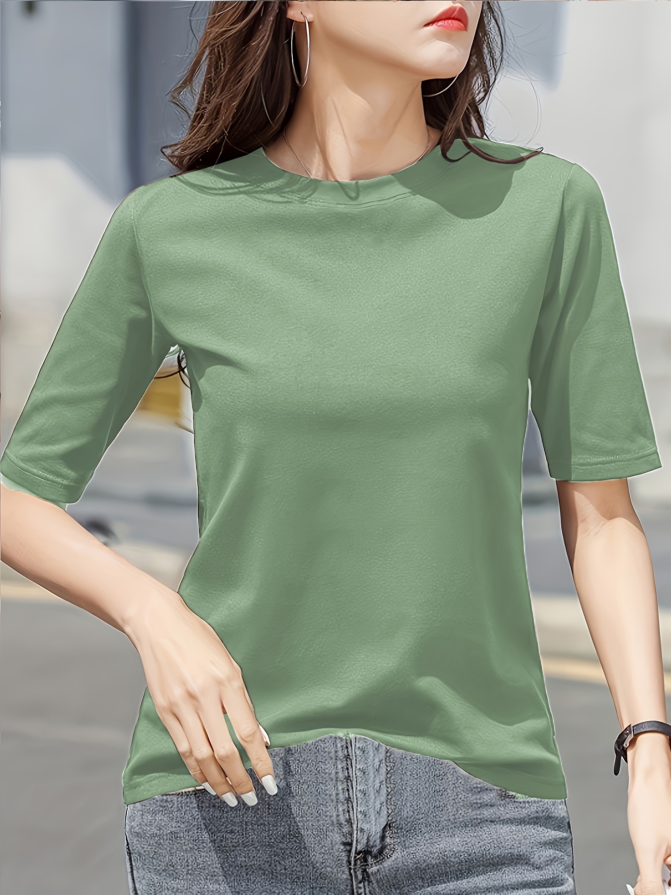 Women'S Elegant Solid Color Crew Neck T-Shirt, Short Sleeve Casual Summer Top, Lightweight Polyester Fabric, Regular Length, No Stretch, for Casual Attire