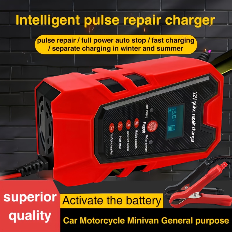 

12v 6a Car Battery Wizard - Lcd Display, Agm & Gel Compatible, All- Auto/motorcycle Jump , Vibrant Red, Usa-ready