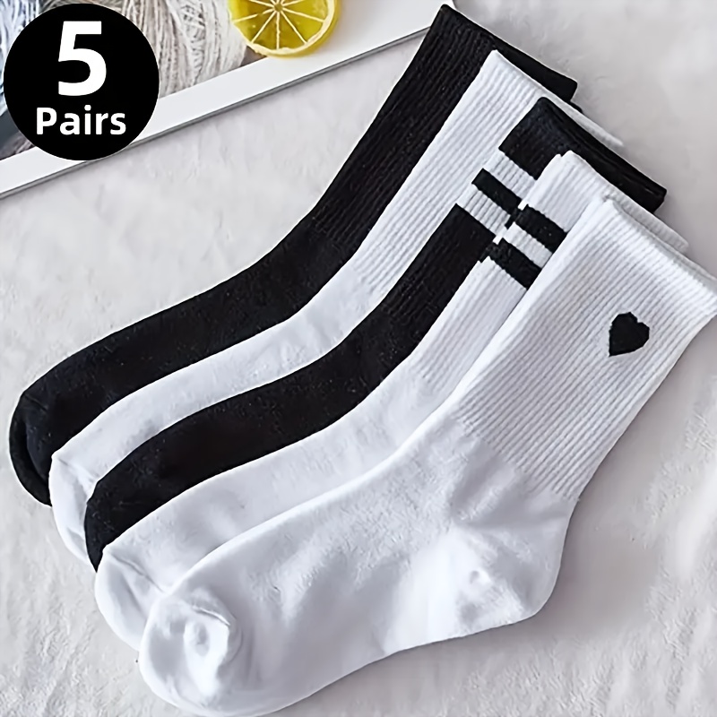 TEMU 5 Pairs Women's Mid-calf Socks - Stylish Striped & , Breathable, Athletic Socks For Casual & Sporty Wear, Athletic Socks|striped Socks| Texture