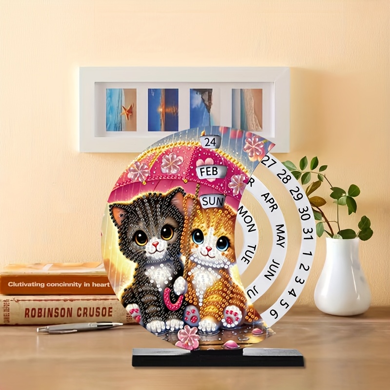 TEMU Diy Diamond Painting Rotating Calendar Set - Couple Cats Design, Special Shape Craft, Rotating Sun Moon Week And Reusable Calendar, Desktop