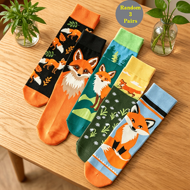 TEMU 3-pair (for ) Fox-themed Mid-calf Socks - Soft Warm Winter Unisex Suitable For,, Casual Wear, Machine Washable, Dry , Random Fox Patterns, Cozy