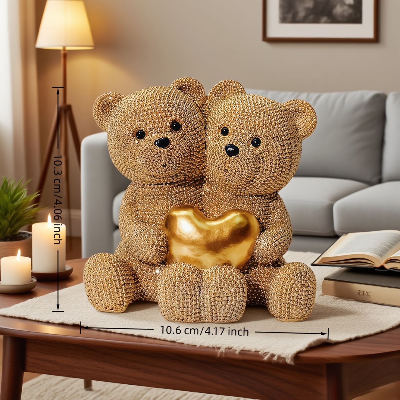 Image of A Golden Dotted Heart-shaped Couple Bear Statue, Made Of Resin, Suitable For Home And Office Decor, Cafes, Wedding Decorations, And As A Valentine's Day Gift