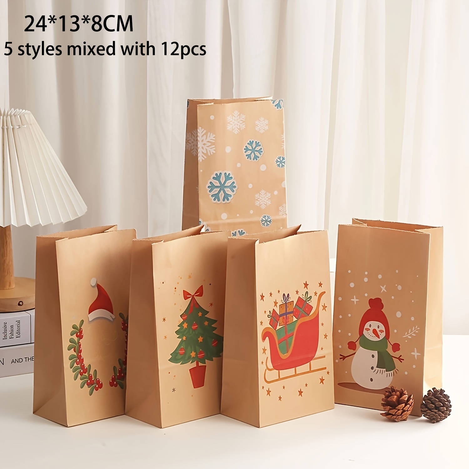 

12pcs Christmas Themed Kraft Paper Gift Bags Set With Santa, Snowman, And Christmas Tree Designs For Holiday Candy, Party Favors, And Treat Packaging