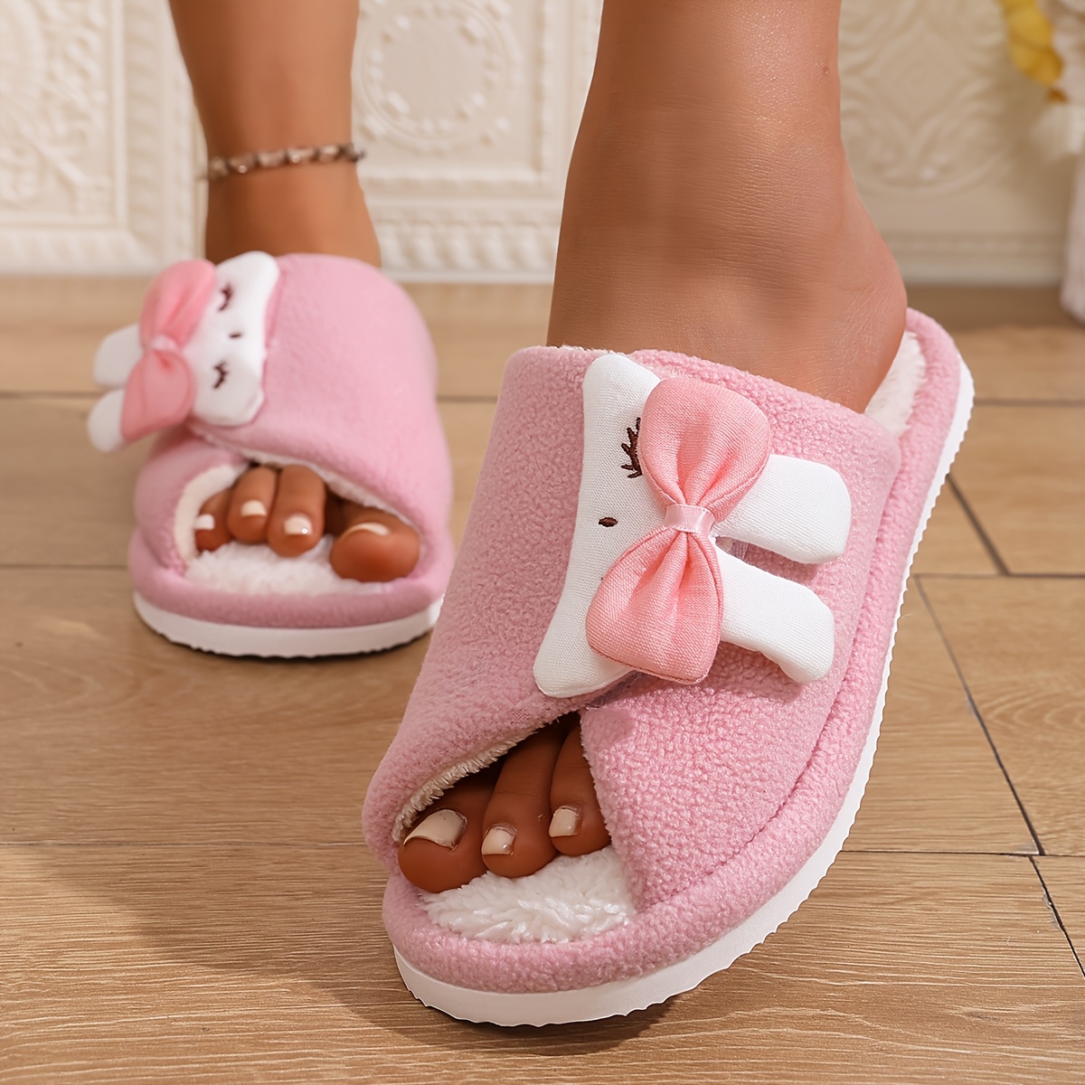 Image of Cute Rabbit Bow Plush Slippers For Women, Spring/autumn Indoor House Slippers With Thick Sole And Faux Fur, Women Shoes