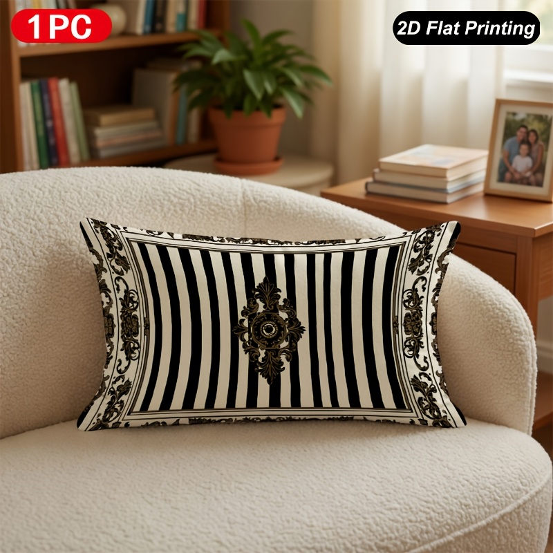 TEMU 2d Flat - 1pc 2d Flat Printing Lumbar Throw Pillow Cover Striped Ornate Frame Pillow Cover For Indoor Outdoor Farm Bedroom Living Room Sofa Car