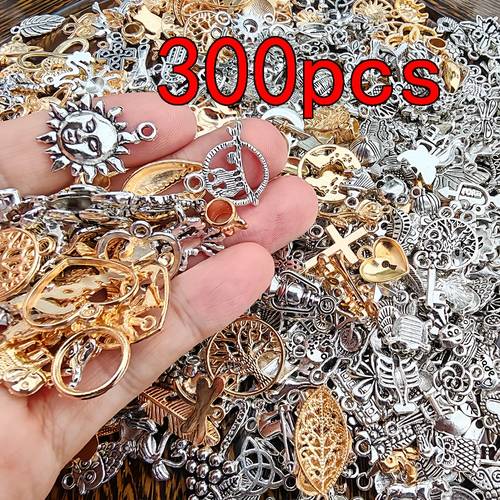 300pcs mixed shape metal charms set 100 designs vintage golden silvery pendants for diy bracelet necklace jewelry making crafts