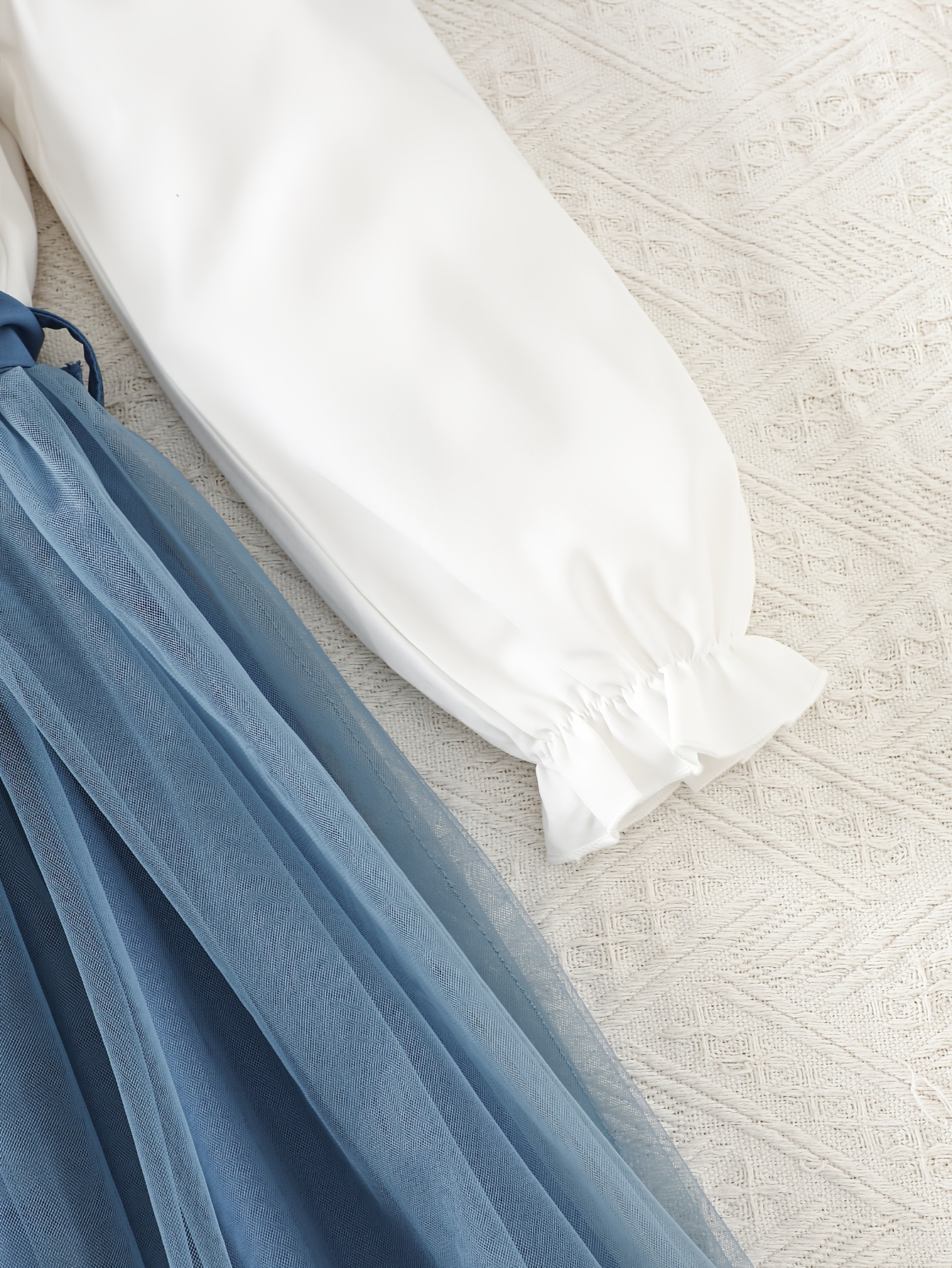 Girls' Blue White Tulle A-Line Dress with Bow Detail