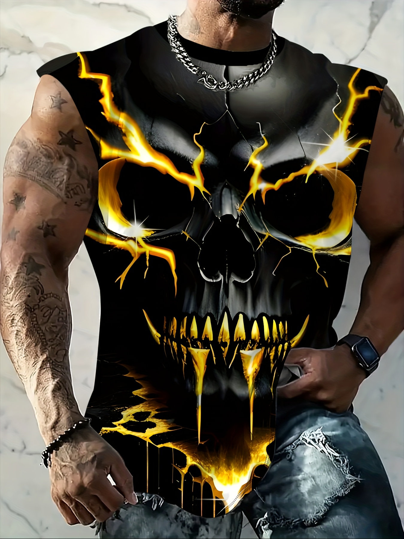 Men'S Plus Size Skull Graphic Print Tank Top - Breathable Sleeveless Workout Shirt for Gym, Basketball & Summer Training, Casual Round Neck Design, Gym Tank Top, PLUS SIZE