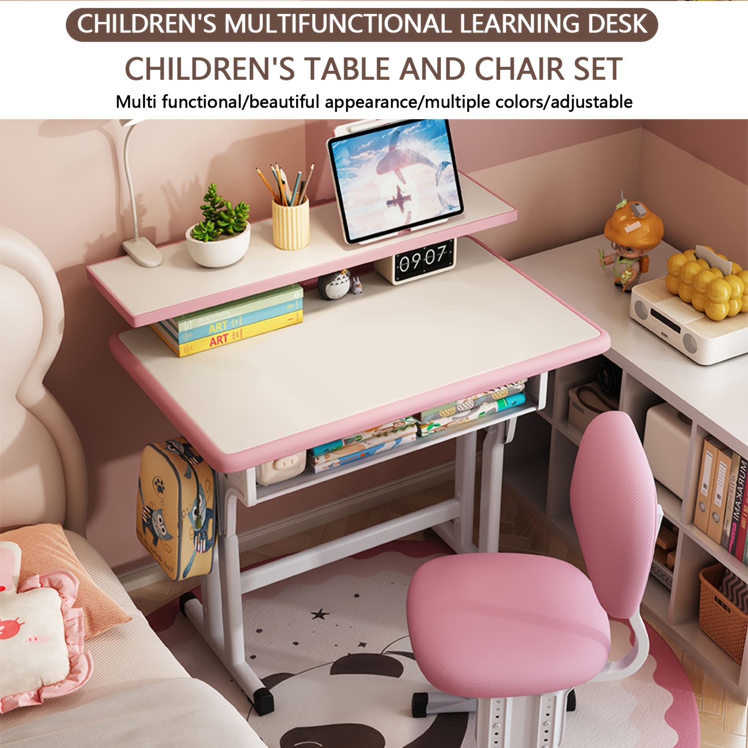 Adjustable Kids Study Desk & Chair Set, Ergonomic Curved Back Spine Protection, Height Adjustable, Wipeable Desktop, Detachable Reading Stand, Eye-Caring LED Lamp, Multiple Colors, Ideal For 3-18 Years Old Kids Home School Study & Daily Use