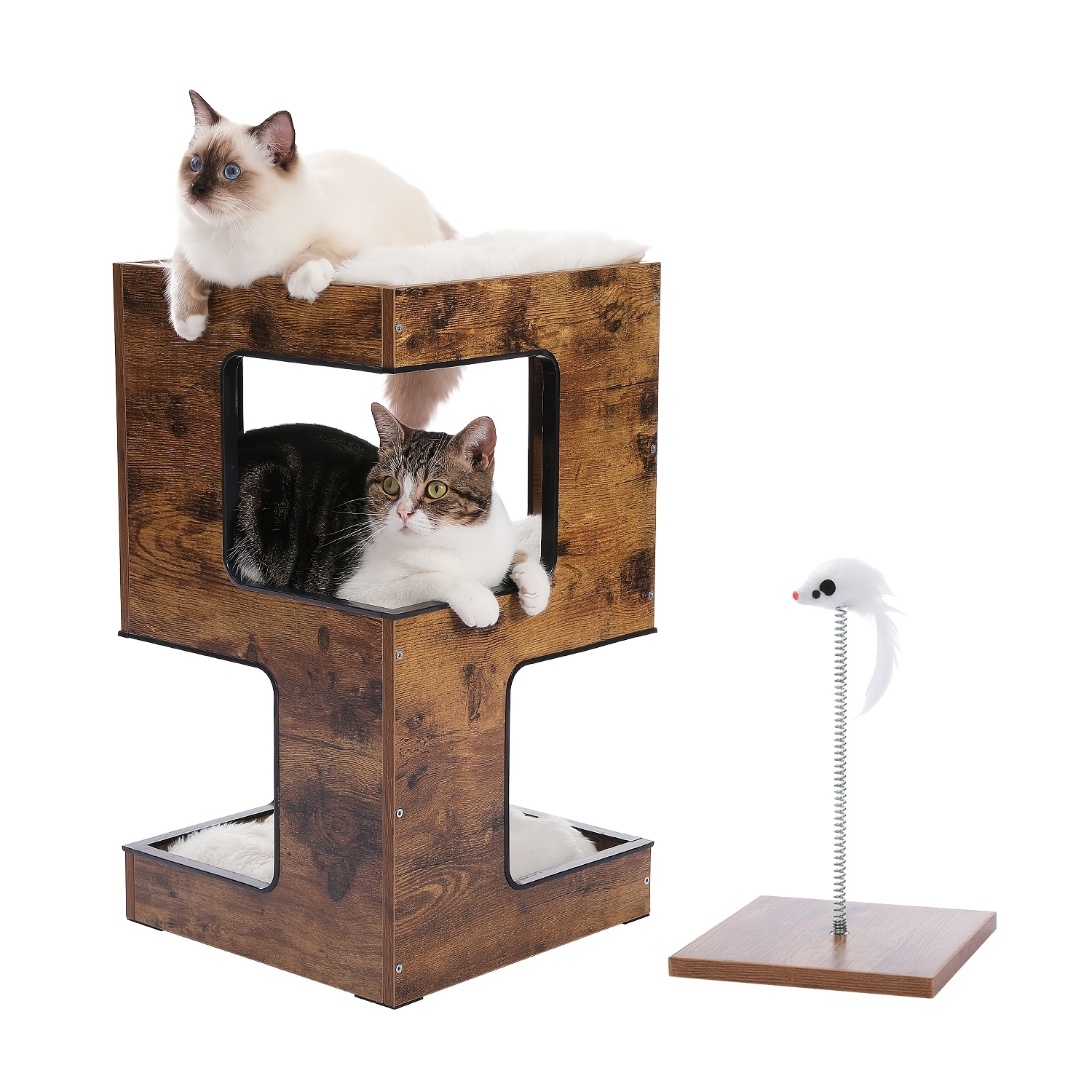 Image of Road 2-in-1 Cat Tree & Nightstand, Multi-level Perch With Removable Soft Blanket, Scratching Pad & Toy For Kittens, Sturdy Particle Board Construction, Modern , Ideal For Spaces, Cat Furniture