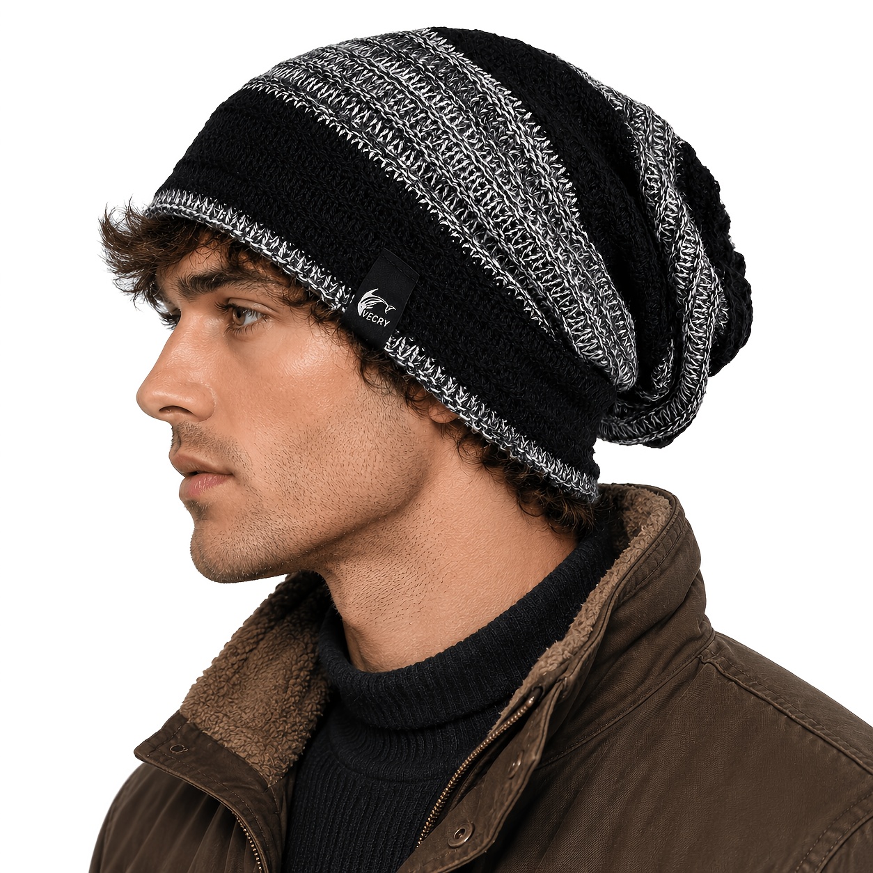 mens slouch beanie vintage stripe knit y2k skull cap - Temu display picture 3