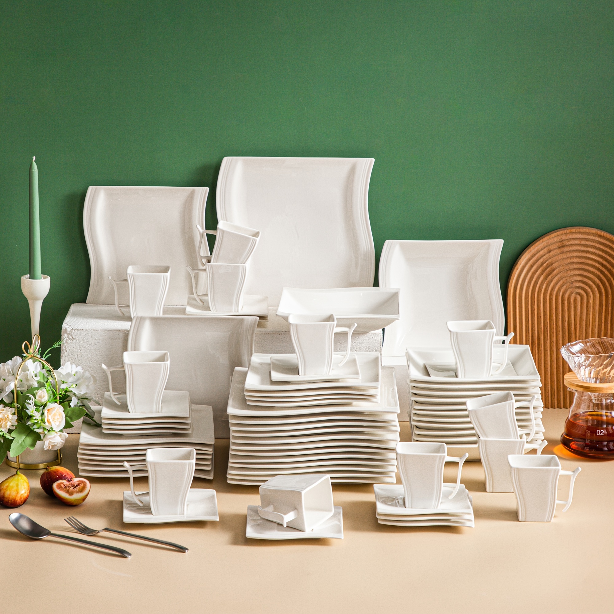 E-shop 60-teilige Porzellan Geschirr Set in Elfenbeinweiß, mit modernen quadratischen Tellern und Schüsseln, geeignet für Desserts, Salate und Pasta,