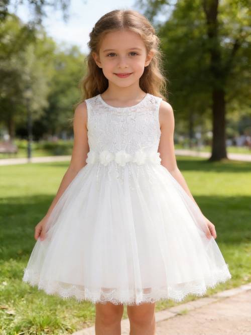 girls white lace mesh princess dress sleeveless round neck beaded skirt childrens wedding bridesmaid birthday party performance dress