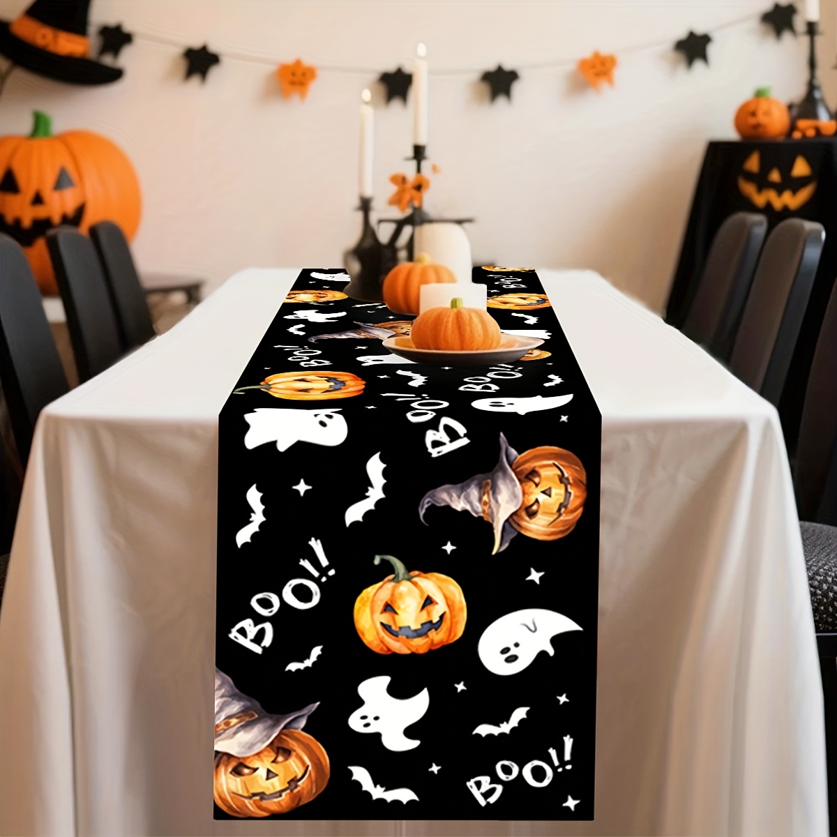 TEMU 1pc Halloween Table Runner - 35x180cm, Spooky Pumpkin, & , Polyester, Indoor/outdoor Use, Halloween Parties, Kitchen & Home Decor, Halloween