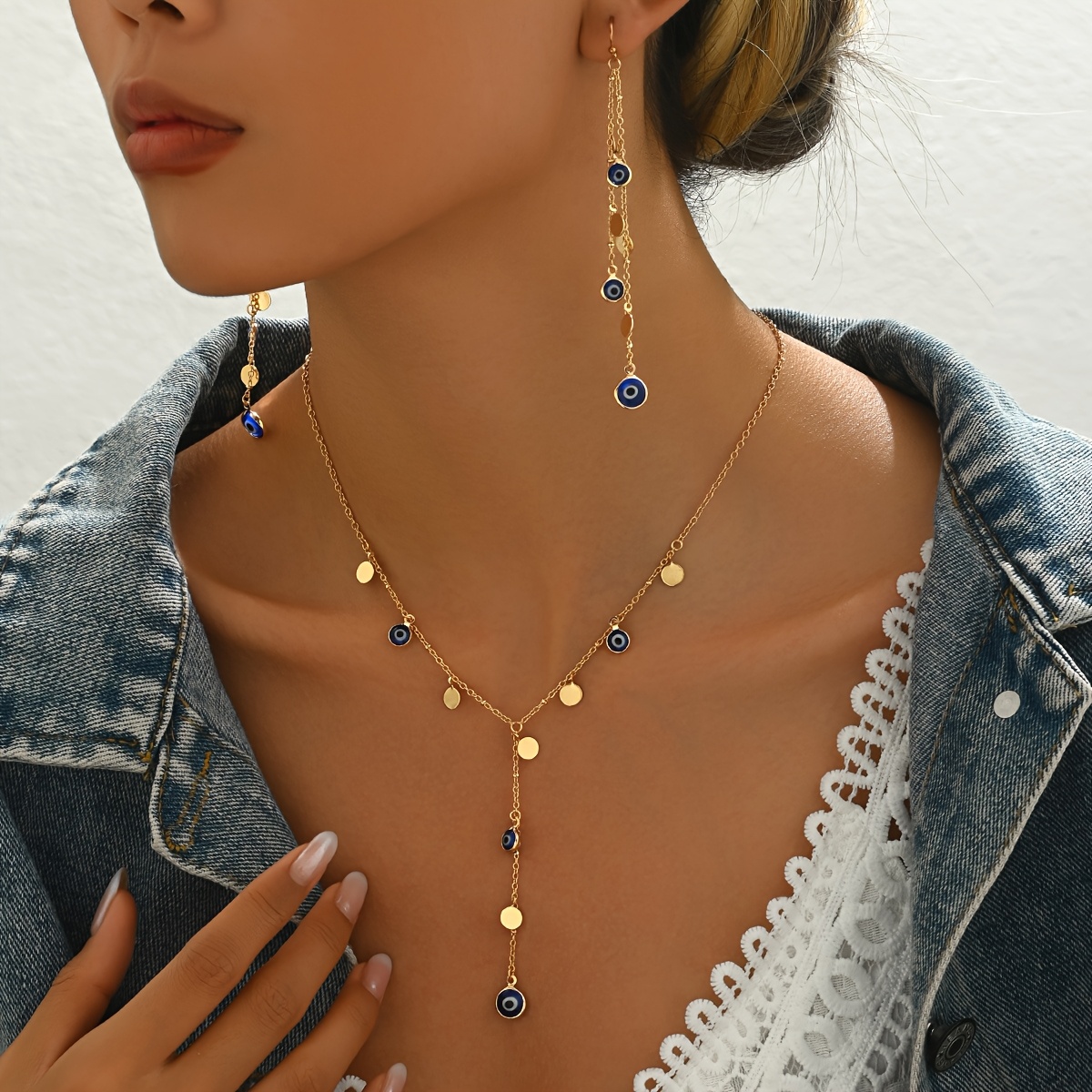 E-shop 3-teiliges kreatives Sommer-Halsketten- und Ohrring-Damen-Schmuckset, Vintage-Ethno-Stil Türkischer böser Geometrischer Scheibe Handgefertigte