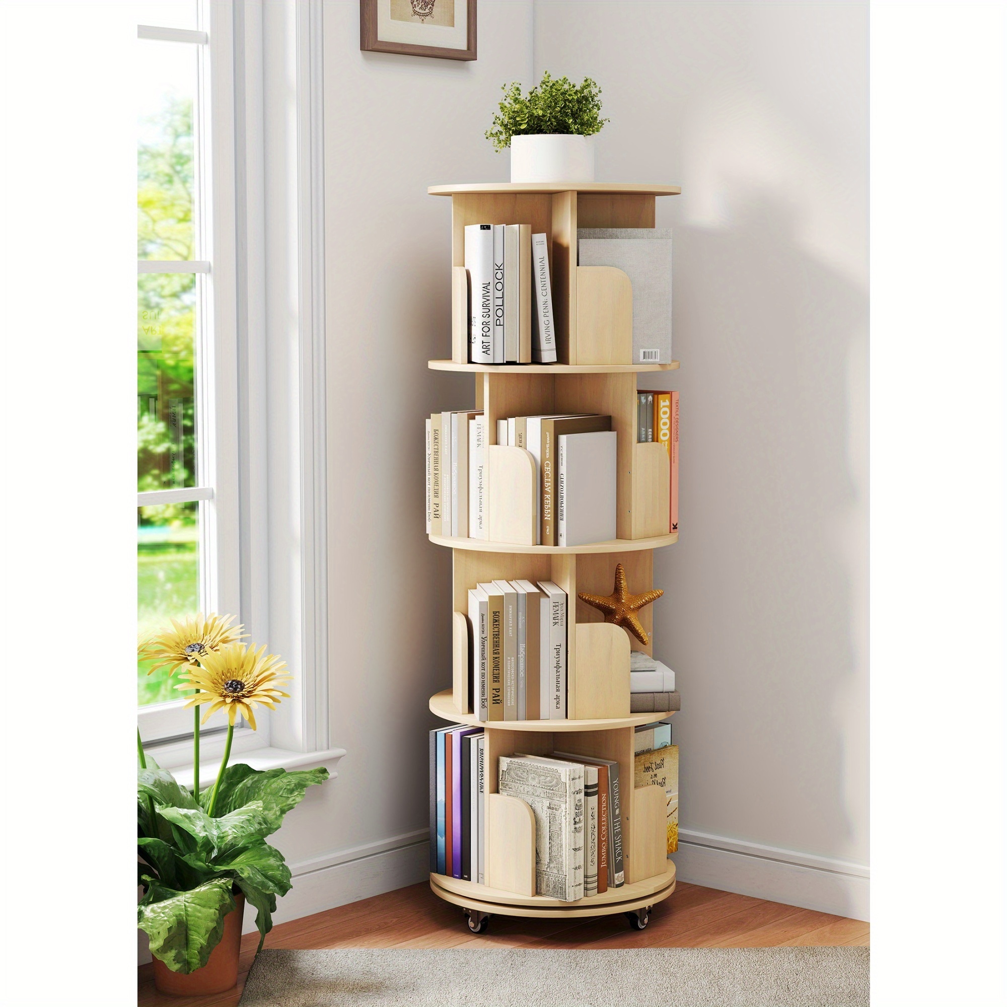 360° Rotating Bookshelf, 4-tier Rotating Bookshelf With 4 Casters, Space- Corner Shelf For Bedroom, Living Room, Study Room, Office, (130cm*46cm*46cm)
