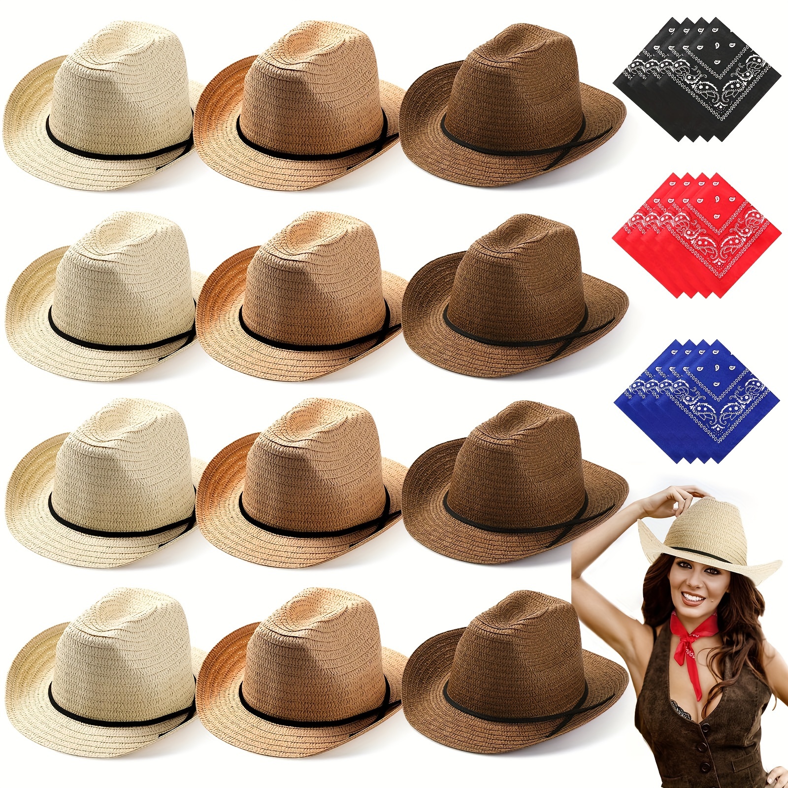 

12 Set Straw Cowboy Caps And Bandanas Cowboy Party Cap Costume Head Bandana Bulk Western Accessories (beige Khaki Style)