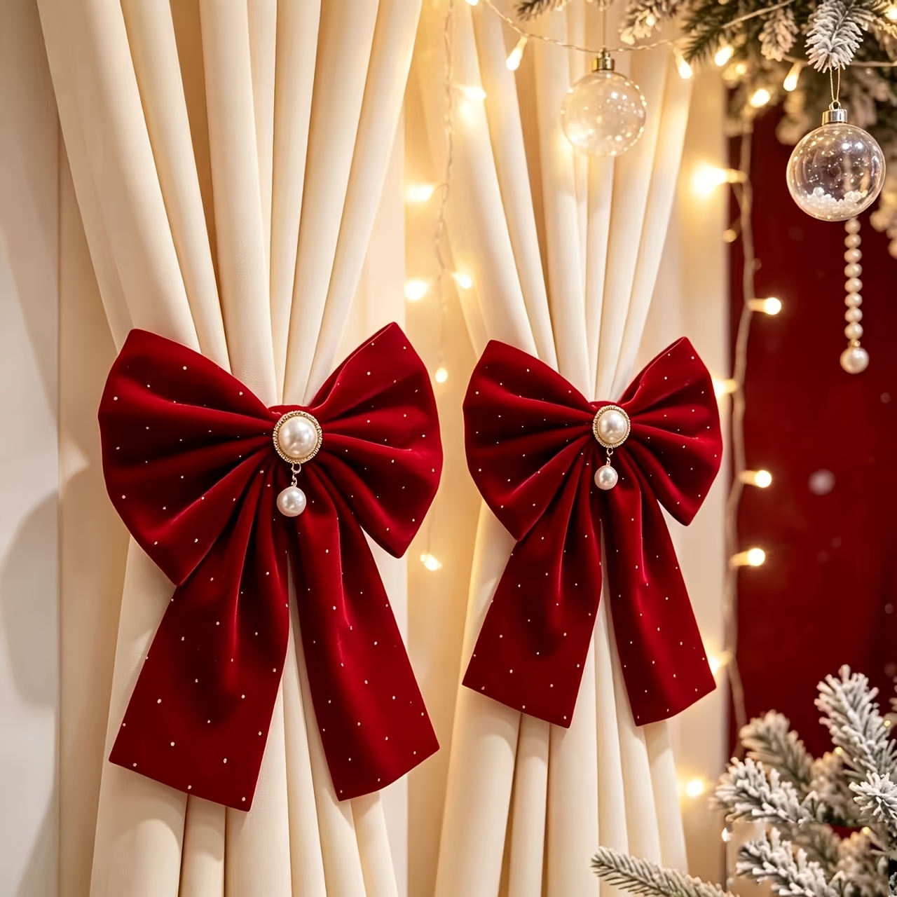 TEMU 2pcs Velvet Bow Curtain Tiebacks, Pearl Decor Curtain Holdbacks, Elegant Window Drapery Tie Backs For Christmas Wedding Bedroom Living Room Home