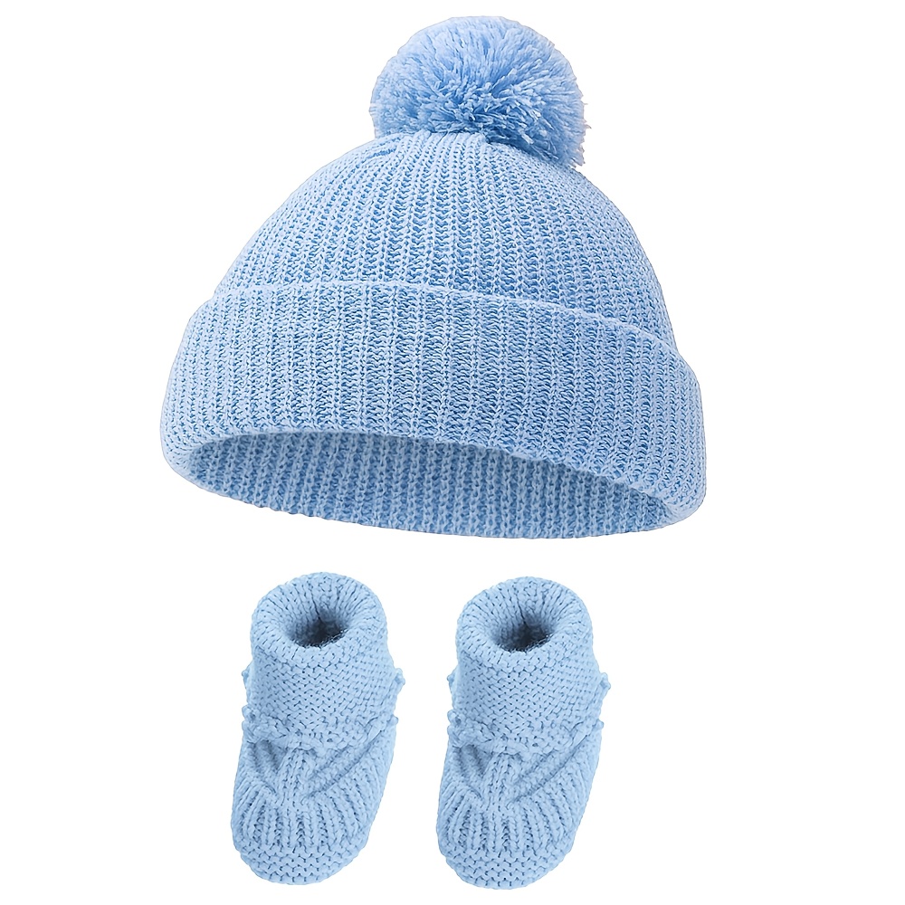 2pcs/set Christmas Pom Knitted Baby Turban Hats And 0-12m Solid Ins Crochet Short Socks Set Stocking Infant Ankle Sock Footwear Fall Winter Thicken Newborn Caps Baptism Day Headwraps Photography Props