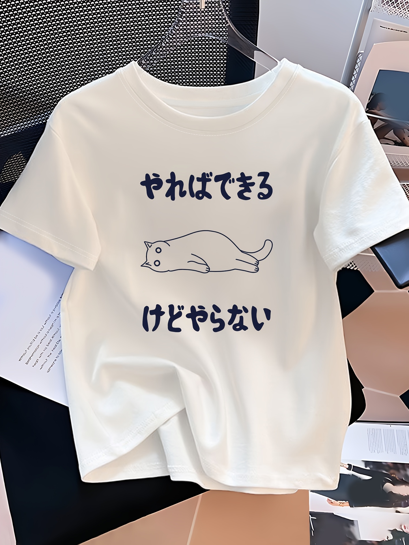 womens casual t shirt cute cat illustration japanese text Temu
