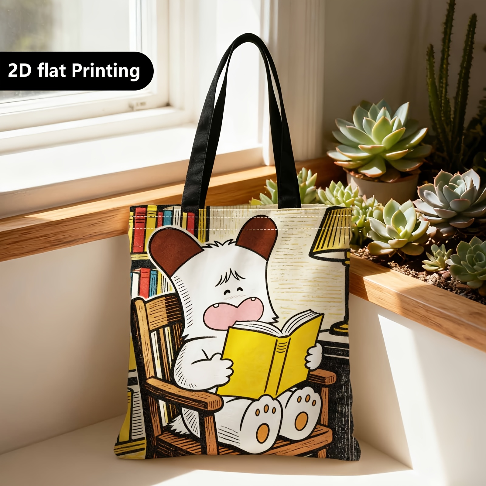 TEMU 2d Double-sided Animal Reading Shopping Bag | Portable Shoulder Hand-held, Suitable For Travel, Cosmetics, Holiday Storage, Home Furnishings,