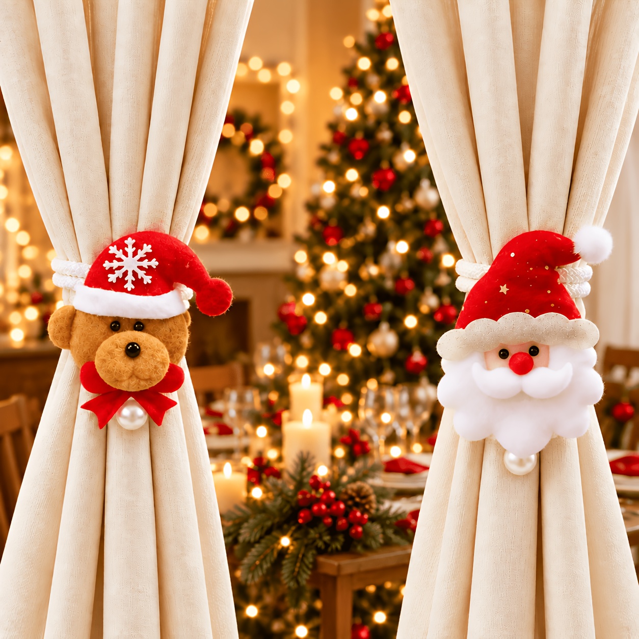 TEMU 2pcs Christmas Curtain Tiebacks, Santa Claus, Reindeer, Teddy Bear Plush Curtain Holdbacks With Pearl Accent Rope, Suitable For Living Room,