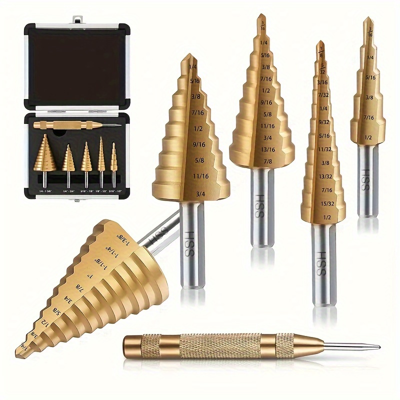 

6pcs Hss Titanium Coated Step Drill Bit Set With Automatic Center Punch, 118° Split Point X-design For Metal, Wood, Plastic - Efficient Drilling Multiple Hole Sizes