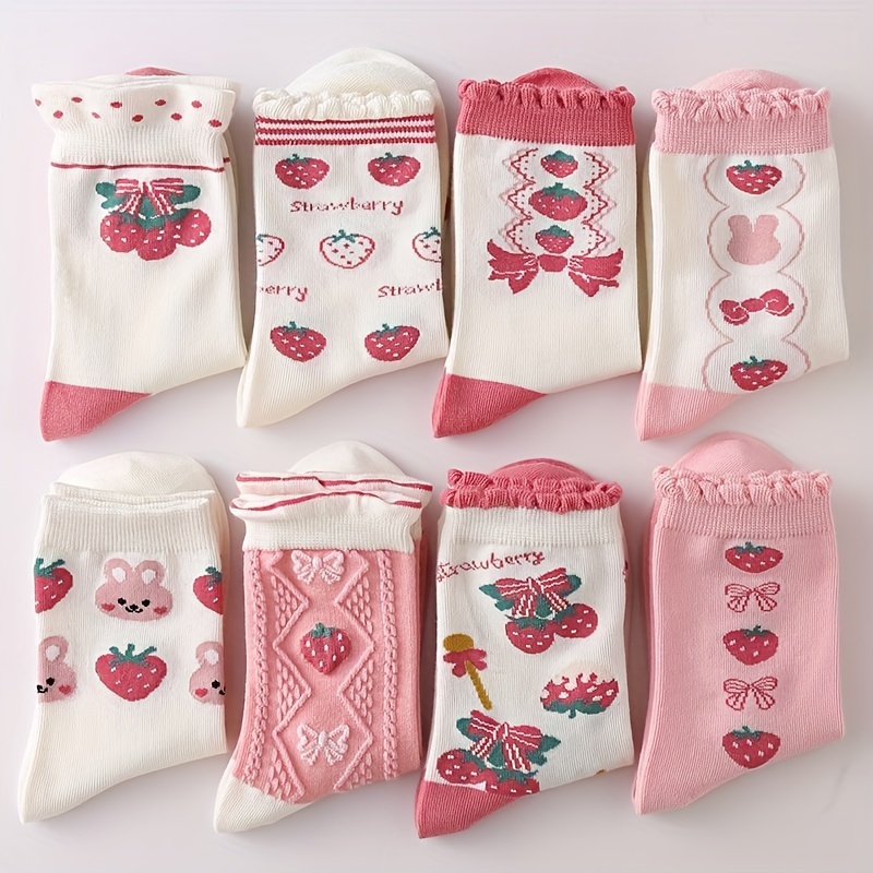 

8 Pairs Pack / 5 Pairs Pack Assorted Styles Strawberry Themed Mid-calf Socks For Women For Spring And Autumn.