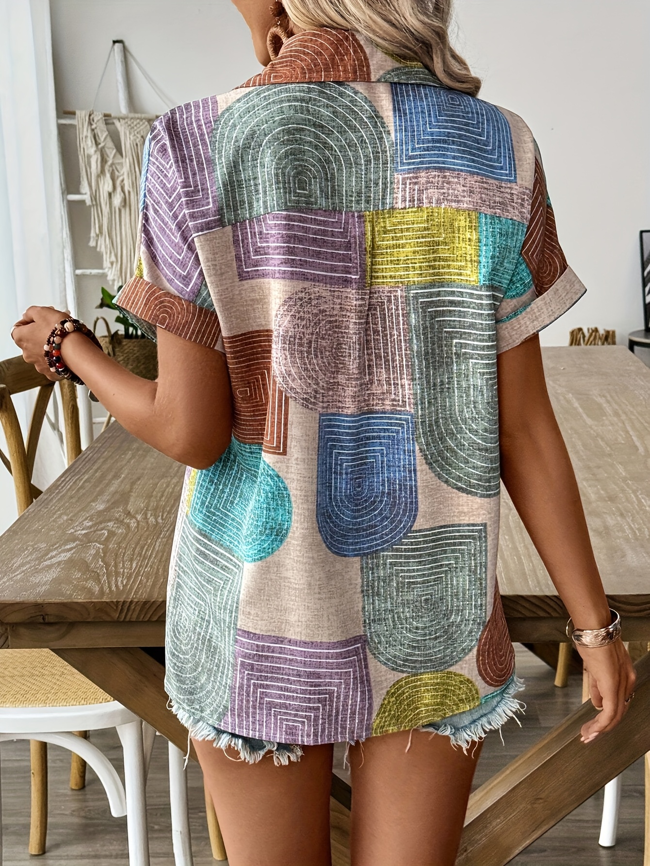 womens elegant geometric pattern button shirt short sleeve Temu