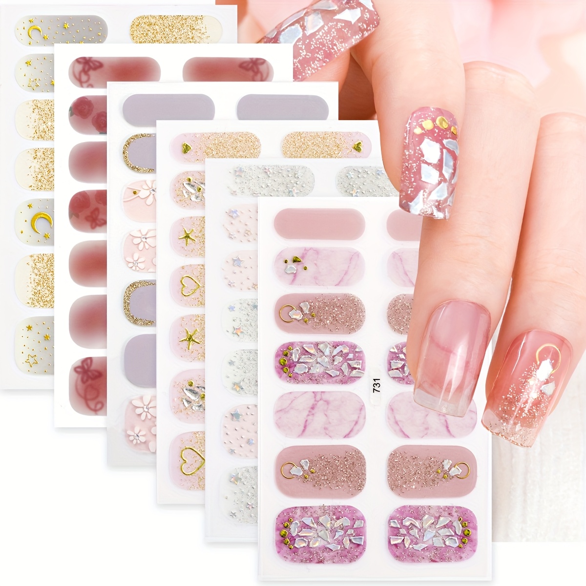 

Set Of 6 Nail Polish Strips With Full Coverage, Featuring A 3d Floral Crushed Diamond Aurora Gemstone . Self-adhesive Nail Wraps Are Of , Diy Nail Art For Women And Girls At Home.