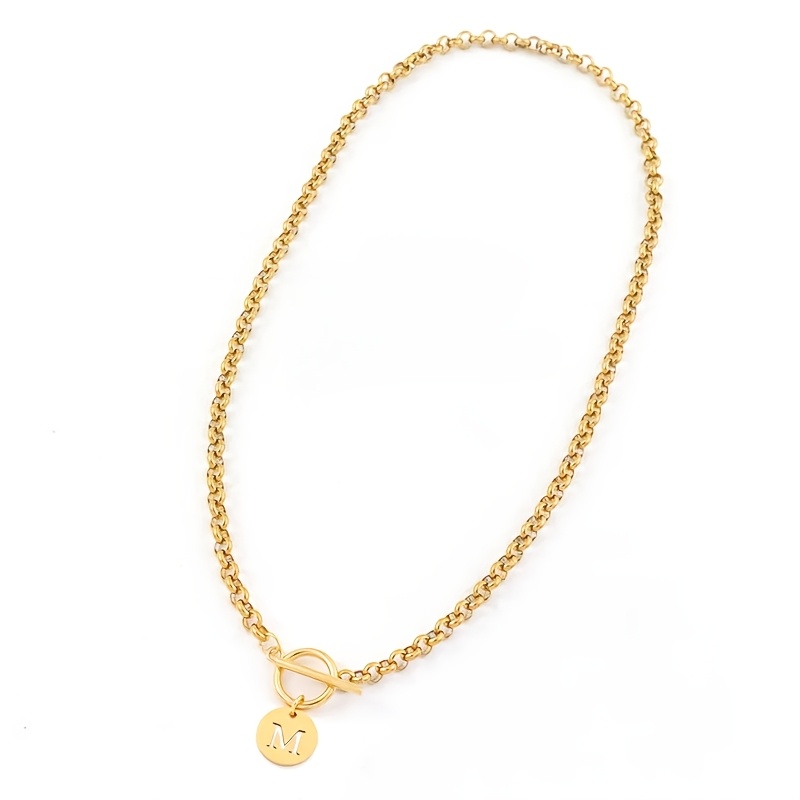 Easy Golden Plated Round Hollow Initial Pendant Toggle Clasps Stainless Steel Chain Necklaces For Women