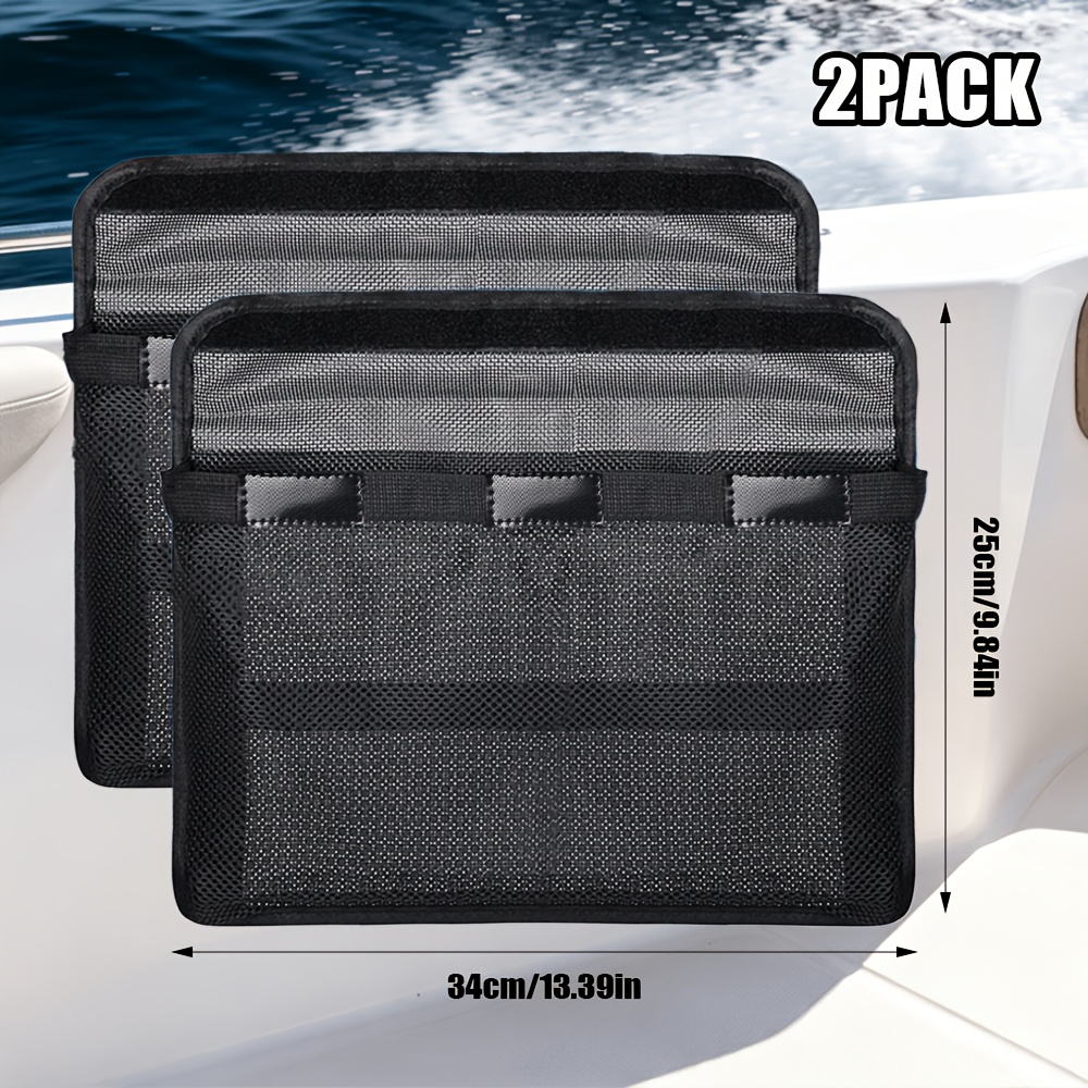 TEMU 2-pack Self-adhesive Boat Storage Mesh Bags, With Reflective Strip And Closable Lid, Marine Organizer Pouch, Heavy-duty Mesh Storage Bag For