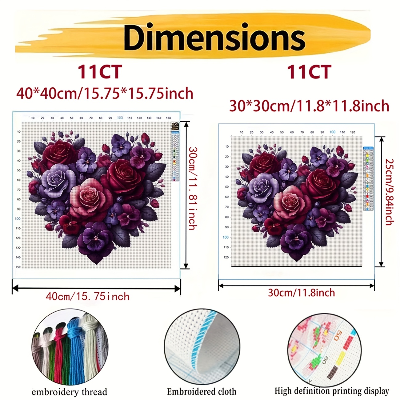 Printed DIY Cross Stitch Kit, Frameless, "Heart-Shaped Purple Flowers" Pattern