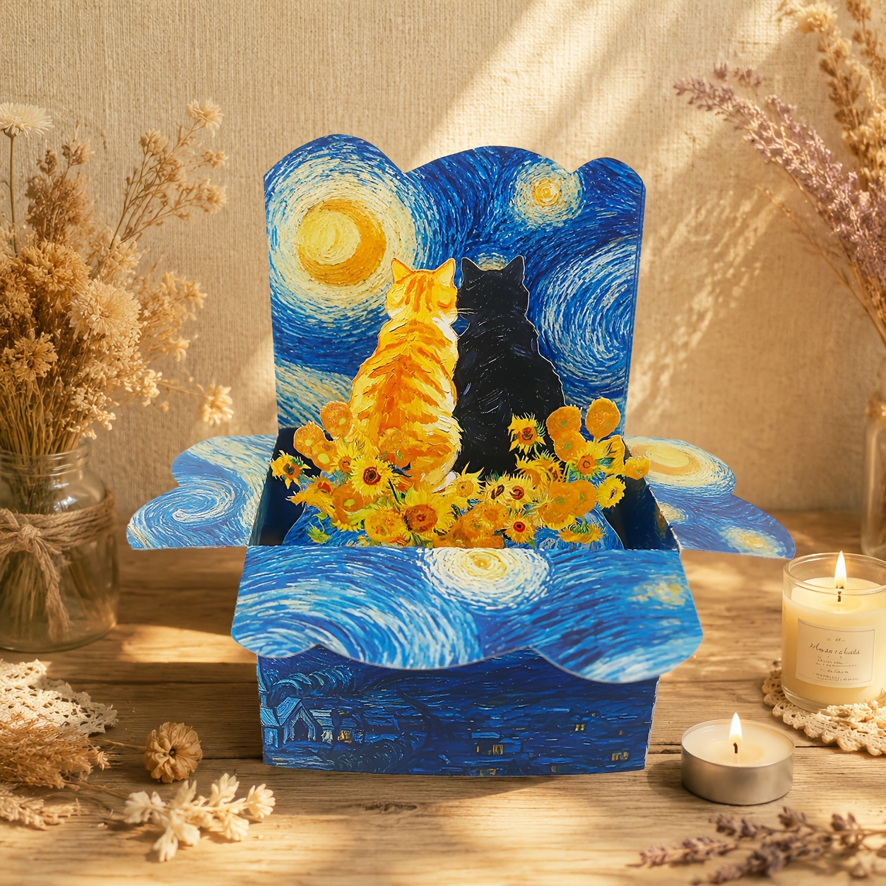 TEMU 1pc 3d Pop-up Gogh Starry Night 2 Cats Sunflower Card Art Gift For Lovers, Handmade Gift Card For Birthday Anniversary Valentine's Decor