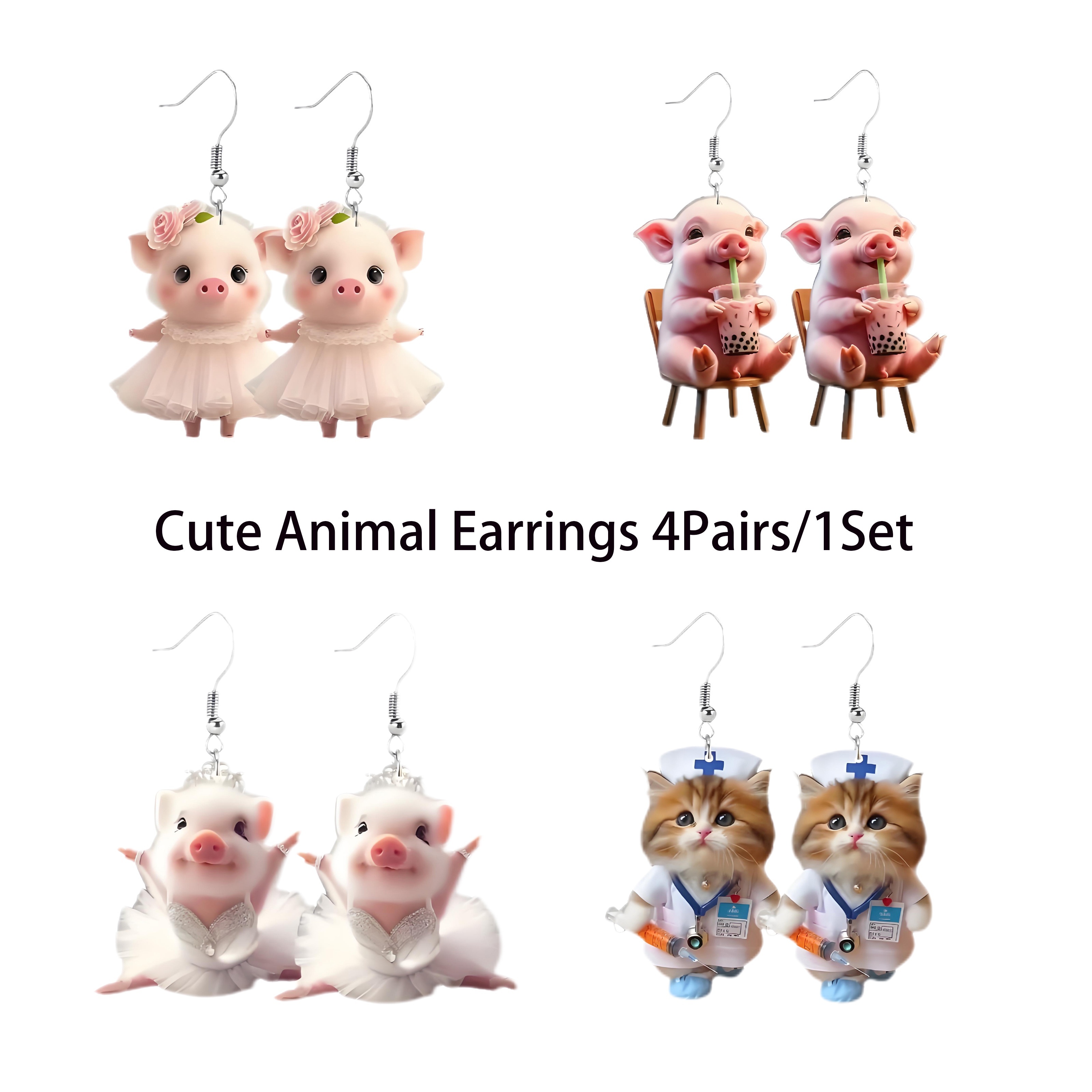 

8pcs Adorable Piggy And Cat Acrylic Drop Earrings Set - Hanging Holiday Home Decor, Fashion Accessories, Unique Surprise Gifts For Girls, No Feathers, Electricity-free Use
