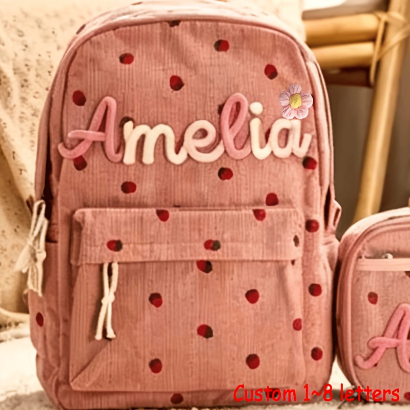 TEMU 1 Hand- Corduroy Strawberry Women's Backpack, Custom Knitted Letter Bag, With Bow/dinosaur/flower Back-to-school Bag Gift, Summer Camp Bag,