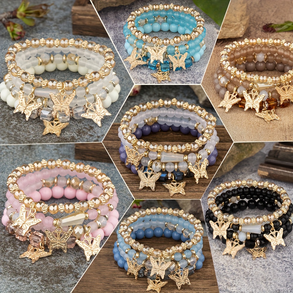 

7sets (total 28pcs) Multilayer Beaded Stackable Bracelet Set, Artificial Crystal Butterfly Pendant Jewelry Set, Multi-layer Beaded Stretch Hand String, Handcraft Jewelry Set-diy Beads Jewelry