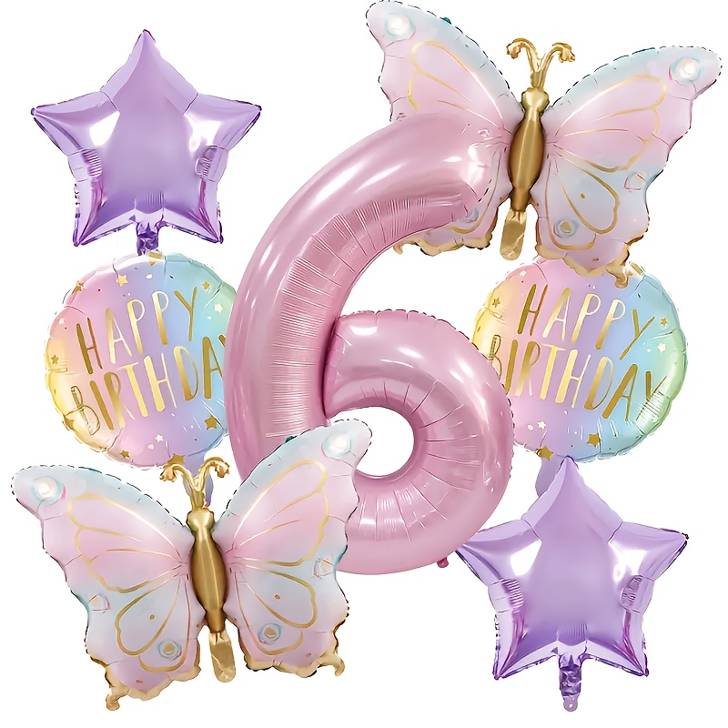 7pcs Happy Birthday Pink Balloon Set, 1-6 Number Balloons, With Star, Round Ball, For Birthday Party, Anniversary Party, Home Decoration, Ambiance Arrangement, Party Decor