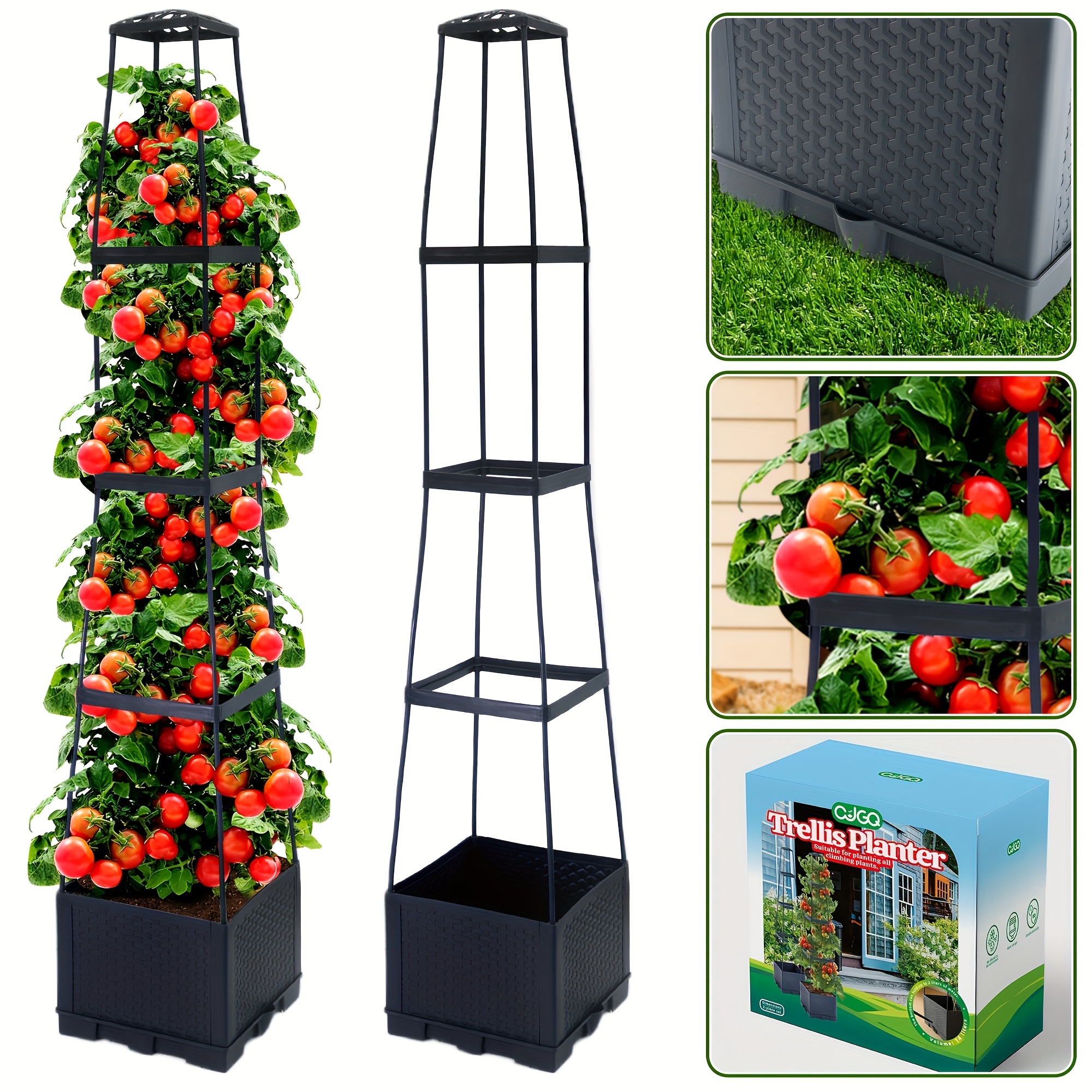 

Tour de tomate de 57 pouces avec bac à auto-irrigué et treillis - Matériau PVC noir, hauteur ajustable pour plantes grimpantes, supports de jardin intérieur et extérieur, 2-en-1 - 1 lot