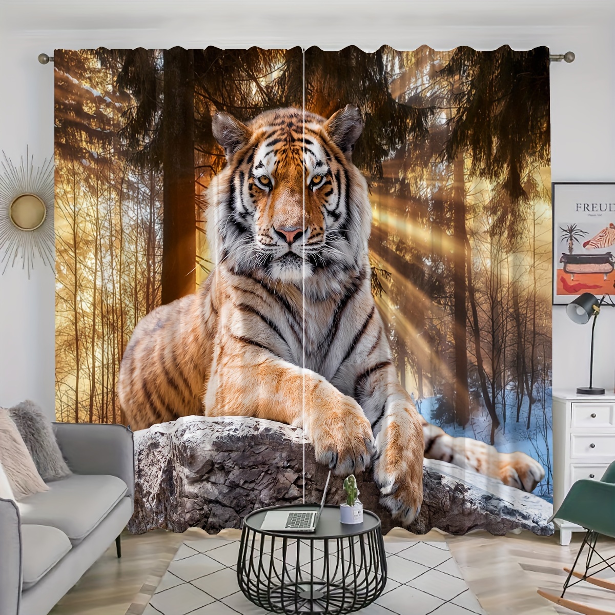 

2pcs, Tiger Printed Curtains, Rod Pocket Curtain, Suitable For Restaurants, Public Places, Living Rooms, Bedrooms, Offices, Study Rooms, Home Decoration